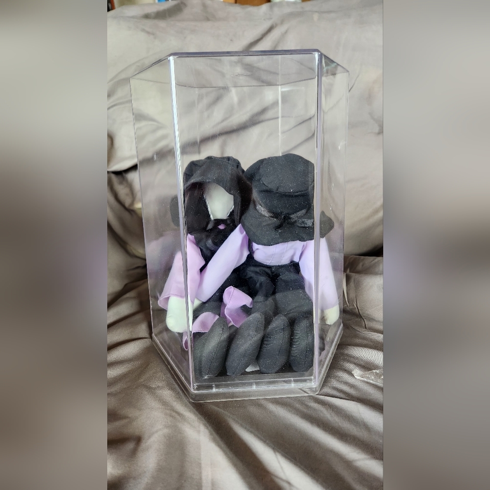 Amish Crafted Black and Purple Plush Dolls in Display Case